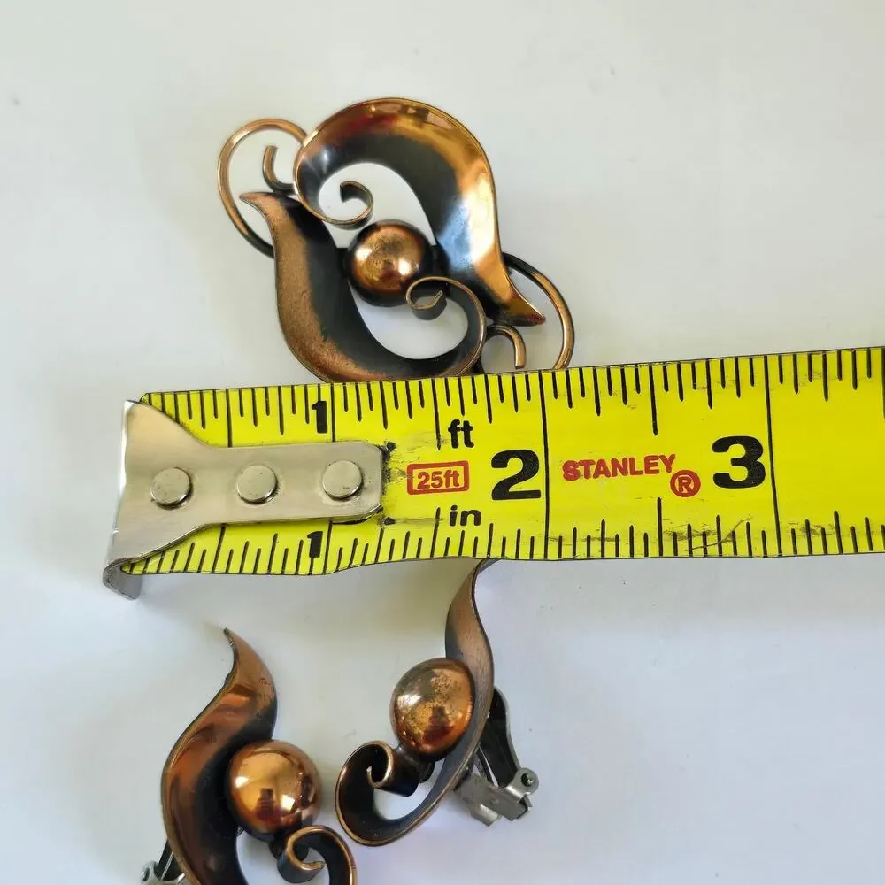 Vintage Bell Trading Post Brooch Earring Copper Swirl Modernist 1960s Western